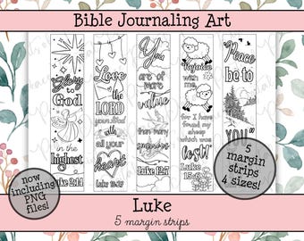 May include: Five vertical black and white printable bookmarks featuring Bible journaling art with scripture verses from Luke. Designs include an angel, hearts, birds, sheep, and trees with text such as Glory to God, Love the Lord, and Peace be to you.
