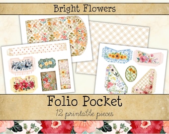 Bright Floral Junk Journal Folio Pocket Kit • Light Vintage Botanical Printable Pages • Cottagecore Scrapbook Kit (Digital Download) JJF-BFL