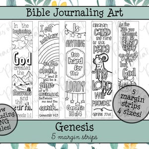 May include: Bible journaling art featuring five margin strips with Bible verses from Genesis. Each strip has a unique design with text and illustrations, including a rainbow, mountains, and stars. The set includes PNG files and comes in four sizes.