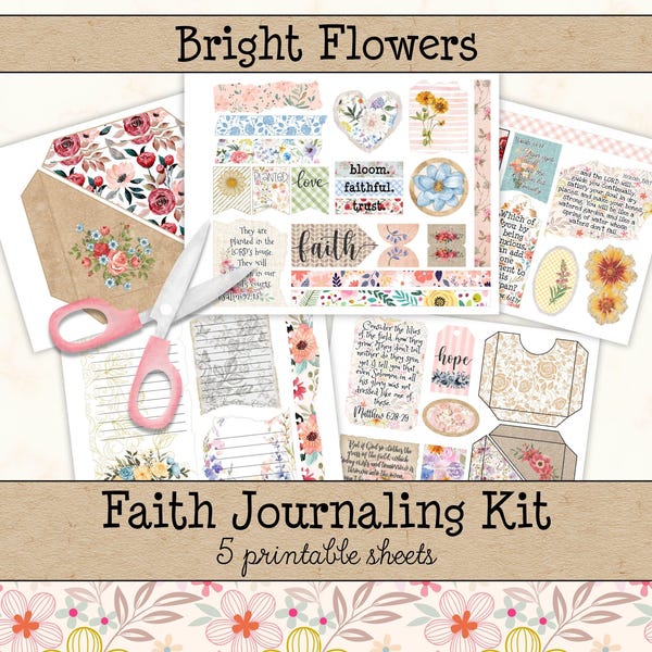 Kit de journalisme chrétien • Fleurs éphémères Écritures • Feuilles imprimables pour le journal biblique • Pages d'albums religieux (5 pages) JJF-BFL