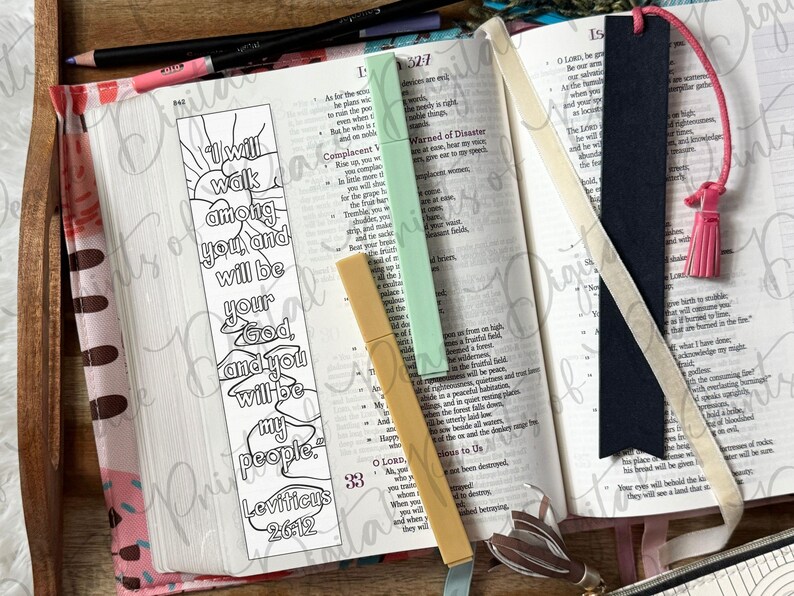 May include: A white paper bookmark with a black outline drawing of a sun and clouds featuring the text I will walk among you and will be your God and you will be my people Leviticus 26:12, alongside a dark blue bookmark with a pink tassel.