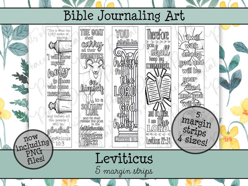 May include: A set of five black and white Bible journaling art margin strips featuring intricate line drawings and typography with verses from Leviticus, including illustrations of a scroll, a goat, a pillar, and stone tablets.