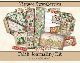 Christian Journaling Kit • Vintage Strawberries Scripture Ephemera • Bible Journal Printables • Faith Scrapbook Pages (5 Pages)