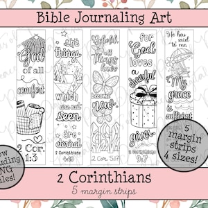 Puede incluir: Cinco tiras de margen imprimibles en blanco y negro para diario bíblico con ilustraciones de línea y versículos de 2 Corintios. Los diseños incluyen una cesta, una escena de camping, mariposas, una caja de regalo y una silla de playa.