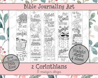 May include: Five black and white printable Bible journaling margin strips featuring line art illustrations and scripture verses from 2 Corinthians. Designs include a basket, a camping scene, butterflies, a gift box, and a beach chair with text.