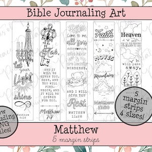 May include: A collection of black and white Bible journaling art margin strips featuring inspirational quotes and illustrations. The strips include text from Matthew, with images of a chandelier, key, and mountains. The text includes "Let your light shine" and "Faith moves mountains."