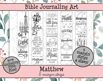 May include: A collection of black and white Bible journaling art margin strips featuring inspirational quotes and illustrations. The strips include text from Matthew, with images of a chandelier, key, and mountains. The text includes "Let your light shine" and "Faith moves mountains."
