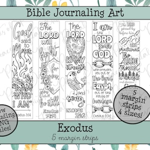 May include: A collection of black and white Bible journaling art margin strips featuring quotes from Exodus. The strips include phrases like "God said to Moses" and "I am the Lord your God." The set includes 5 margin strips in 4 sizes.