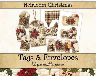 Christmas Junk Journal Tags & Mini Envelopes • Heirloom Printable Pages • Nostalgic Winter Scrapbook Kit (Instant Download) JJF-CHR