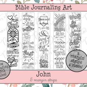 May include: Bible journaling art featuring five margin strips with inspirational quotes from the book of John. Each strip has a unique design with floral and cross motifs, and the text includes Bible verses. The image also includes the text "now including PNG files!"