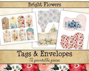 Bright Floral Junk Journal Tags & Mini Envelopes • Light Vintage Botanical Printable Pages • Cottagecore Scrapbook Kit (Digital) JJF-BFL