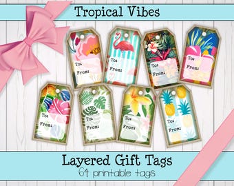 Étiquettes cadeaux ambiance tropicale • Étiquettes imprimables double couche à faire soi-même pour une fête d'anniversaire à tout moment • Fond en papier lin • Téléchargement instantané PDF ou JPEG