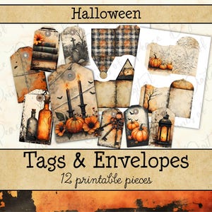 May include: A collection of 12 printable Halloween tags and envelopes featuring vintage-style illustrations of pumpkins, candles, lanterns, keys, books, and tombstones in orange, black, and sepia tones. The text reads Halloween Tags & Envelopes.