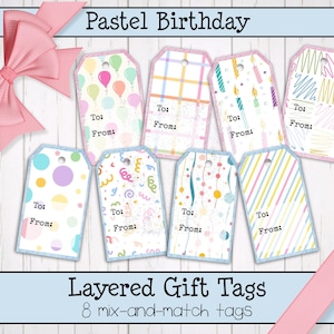 Etiquetas de regalo de cumpleaños imprimibles • Etiquetas de fiesta pastel de doble capa DIY • Opciones de fondo azul o rosa • Descarga instantánea en PDF y JPEG