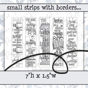 May include: A set of five black and white printable bookmarks featuring religious text and illustrations, including a scroll, a goat, a pillar, stone tablets, and a sun. Each bookmark measures 7 inches high by 1.5 inches wide with borders.