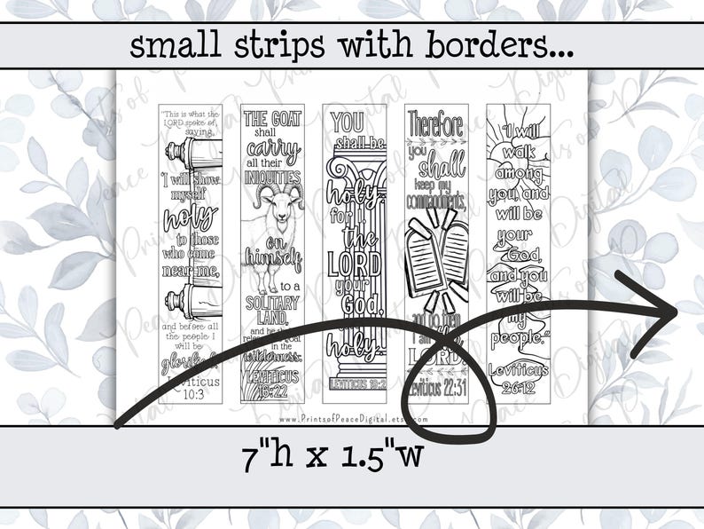 May include: A set of five black and white printable bookmarks featuring religious text and illustrations, including a scroll, a goat, a pillar, stone tablets, and a sun. Each bookmark measures 7 inches high by 1.5 inches wide with borders.