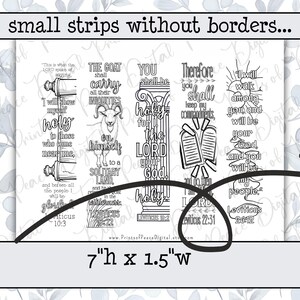 May include: A set of five black and white printable bookmarks featuring religious text and illustrations, including a scroll, a goat, a pillar, stone tablets, and a sun. The text reads small strips without borders and 7"h x 1.5"w.