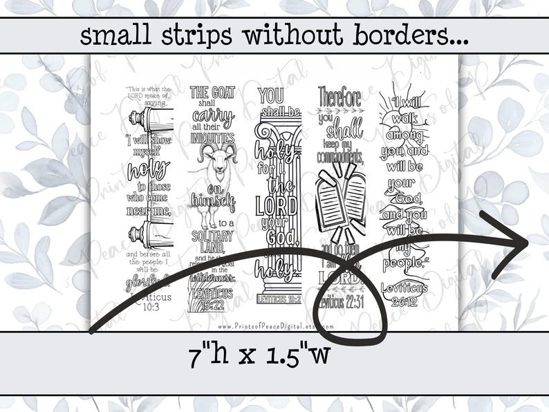 May include: A set of five black and white printable bookmarks featuring religious text and illustrations, including a scroll, a goat, a pillar, stone tablets, and a sun. The text reads small strips without borders and 7"h x 1.5"w.