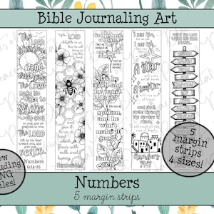 Puede incluir: Cinco tiras de margen para diario bíblico en blanco y negro con ilustraciones de flores, panales y señales direccionales, junto con textos bíblicos del libro de Números, incluyendo frases como The Lord bless you.