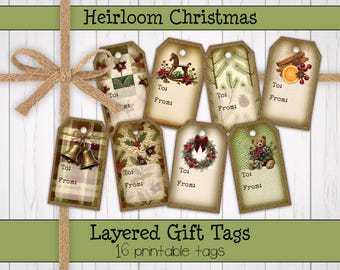 Étiquettes cadeaux de Noël à imprimer • Étiquettes de fête double couche à faire soi-même • Fond en papier lin • Téléchargement instantané PDF ou JPEG