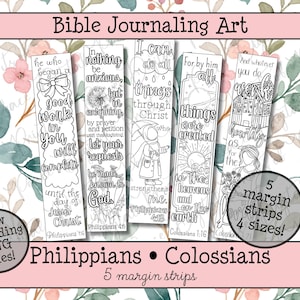 May include: Five vertical black and white bookmarks featuring Bible verses from Philippians and Colossians. The designs include line art illustrations of a bow, dandelion, person with an umbrella, planet, and flowers with text. Includes PNG files and 4 sizes.