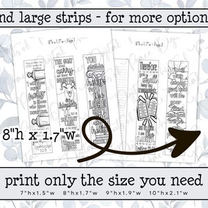 May include: Two printable sheets featuring black and white line art bookmarks with religious text and illustrations. The text includes Leviticus 10:3 and Leviticus 22:34. Dimensions of 8 inches by 1.7 inches are printed on the pages, with additional size options listed below.