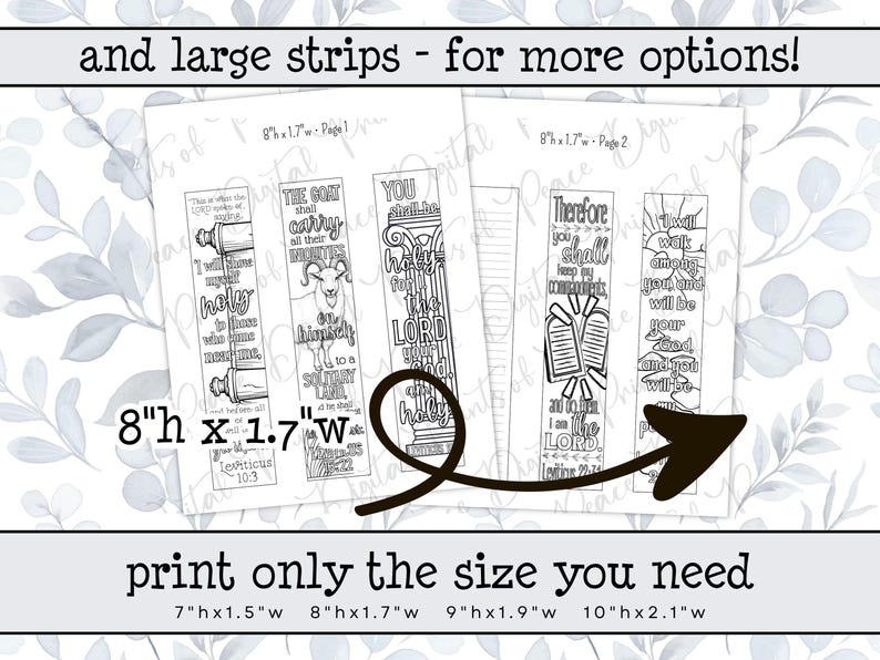 May include: Two printable sheets featuring black and white line art bookmarks with religious text and illustrations. The text includes Leviticus 10:3 and Leviticus 22:34. Dimensions of 8 inches by 1.7 inches are printed on the pages, with additional size options listed below.