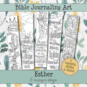 May include: Five black and white printable margin strips for Bible journaling featuring Esther-themed illustrations and text. Designs include crowns, castles, and quotes from the Book of Esther. A circular badge indicates 5 strips and 4 sizes.