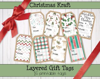 Printable Christmas Gift Tags • DIY Double Layered Red & Green Party Tags • Kraft Paper Background • Instant Download PDF or JPEG