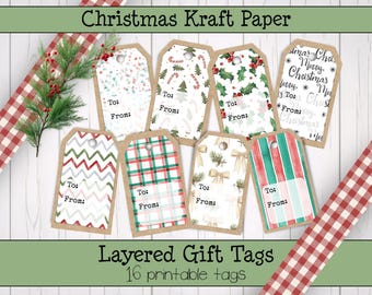 Étiquettes cadeaux de Noël à imprimer • Étiquettes de fête double couche rouges et vertes à faire soi-même • Fond en papier kraft • Téléchargement instantané PDF ou JPEG