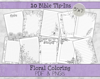 Floral Line Art Tip-Ins • 10 Printable 5x7 Coloring Pages for Bible Journaling • PDF + PNG Instant Download