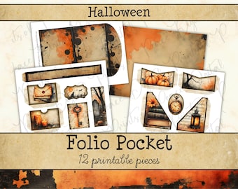 Carpeta de diario de Halloween con bolsillo • Páginas imprimibles de otoño vintage • Kit de álbum de recortes espeluznante (digital) JJF-HAL