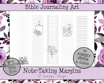 May include: A set of five vertical note-taking margin strips featuring black line art on a white background. Designs include a floral open book, a candle with flowers, a checklist, a teacup with steam and flowers, and plain lined paper.