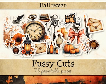 Halloween Junk Journal Fussy Cuts • 7 Vintage Fall Printable Pages • Spooky Scrapbook Kit (Digital) JJF-HAL