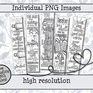 May include: A set of five vertical black and white bookmarks featuring intricate line art illustrations and biblical text from Leviticus. Each bookmark displays unique religious typography and imagery, including a scroll, a goat, a pillar, stone tablets, and a sunburst design, all presented in a high-resolution digital format.