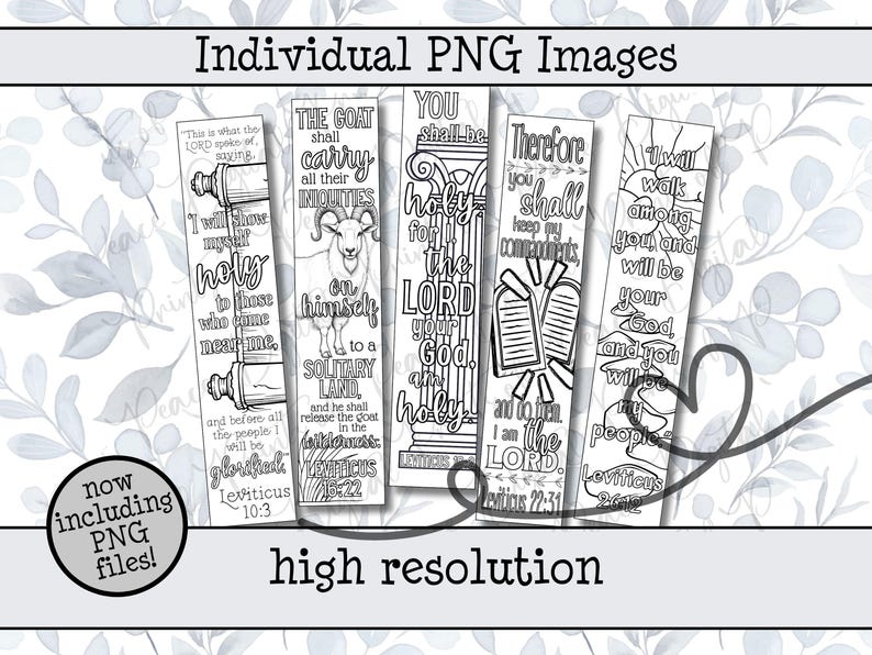 May include: A set of five vertical black and white bookmarks featuring intricate line art illustrations and biblical text from Leviticus. Each bookmark displays unique religious typography and imagery, including a scroll, a goat, a pillar, stone tablets, and a sunburst design, all presented in a high-resolution digital format.