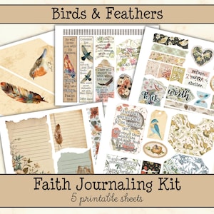 Christian Journaling Kit • Birds & Feathers Scripture Ephemera • Bible Journal Printables • Faith Scrapbook Pages (5 Pages)