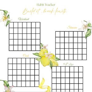 May include: A white habit tracker with four sections labeled "Workout", "Skincare", "Cook", and "10K steps". The tracker is decorated with watercolor lemons, flowers, and the text "Build it, break limits."