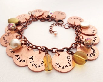 Great Big Family Personalized Grandma Mother Penny Charm Bracelet Cream/Gold/Czech Glass