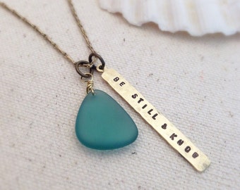 Sea Glass Handstamped Scripture Pendant Necklace