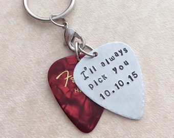 Personalized Guitar Pick Keychain with Spare Fender Pick