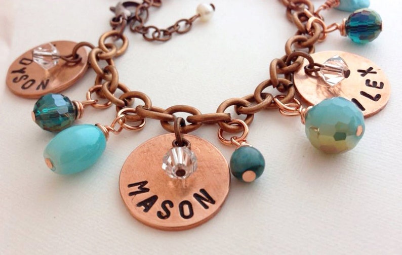 Personalized Mommy/Grandma Penny Charm Bracelet Water Sky Turquoise Teal Sparkle immagine 2