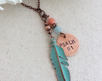 Psalm 91 Copper Feather Penny Necklace