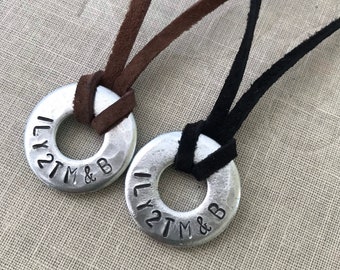 His/Hers Personalized Leather and Steel Necklaces I Love You To The Moon & Back