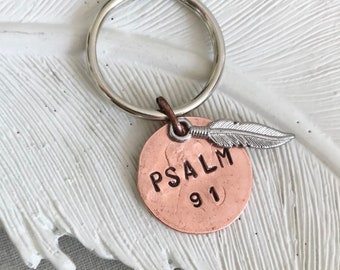 Psalm 91 Penny Keychain with Feather