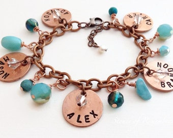 Personalized Mommy/Grandma Penny Charm Bracelet "Water Sky" Turquoise Teal Sparkle