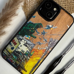 Japanese Kaiju Monster Gojira King of Monsters  Handmade Wood Phone Case – Wooden Cover for iPhone, Samsung and Google Pixel ,