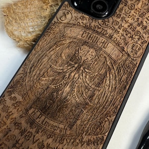 Cthulhu Demon Lovecraft tentacles Monster Occult Horror Cosmic Monster Handmade Wood Phone Case – Wooden iPhone, Samsung and Google Pixel ,