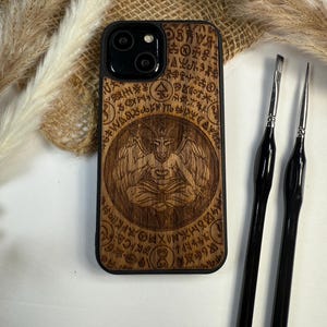 Baphomet Devil Dark Gothic Goat Demon  Handmade Wood Phone Case – Wooden Cover for iPhone, Samsung and Google Pixel , Durable Gift