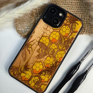 Bee Honey Bug Yellow Jacket Cute Handmade Wood Phone Case – Wooden Cover for iPhone, Samsung and Google Pixel , Durable Gift